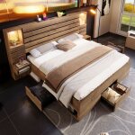 Lit adulte en bois 160x200 cm avec rangement - modernluxe - avec table de chevet suspendue - led + prises ...
