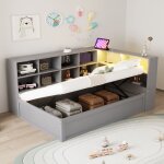 Lit adulte lit coffret 90x200cmavec prise 4 rangements led contr�lable sommier coffre � v�rins bois pin ...