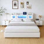 Lit adulte double 140x200 avec espace de rangement lit rembourr� avec sommier led et usb et type - c ...