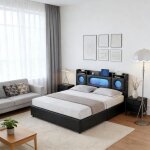 Lit adulte double 140x200 avec espace de rangement lit rembourr� avec sommier led et usb et type - c ...