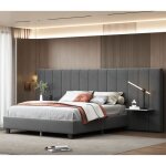 Lit adulte double 160 x 200cm - jaerliub - tête de lit allongée - Étagères double face - velours gris ... Lit adulte double 160 x 200cm - jaerliub - tête de lit allongée - Étagères double face - velours gris ...