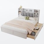 Lit adulte double bois 160 x 200 cm avec sommier et 3 tiroirs étagère ouverte rangement - style contemporain ... Lit adulte double bois 160 x 200 cm avec sommier et 3 tiroirs étagère ouverte rangement - style contemporain ...