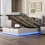 Lit coffre 140x200cm led - lit double avec sommier  lattes et tte de lit - contemporain - blanc - mtal ...