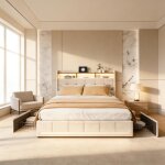 Lit adulte en lin avec led r�glable 4 tiroirs m�tal usb - c t�te de lit rangement ? lit coffre moderne ...