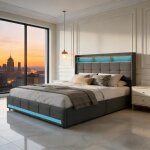 Lit adulte en lin avec led r�glable 4 tiroirs m�tal usb - c t�te de lit rangement ? lit coffre moderne ...