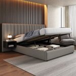 Lit adulte maisentiel 160x200 cm lin gris - coffre de rangement hydraulique et 2 tables de chevet noir ...