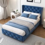 Lit adulte maisentiel 90x200 cm velours bleu capitonn� avec t�ti�re clout�e et sommier 12 lattes pieds ...