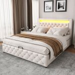Lit adulte rembourr� 160x200 cm lit coffre avec �clairage led sommier � lattes rangement hydraulique ...