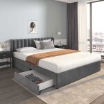 Lit adulte rembourr 180 x 200 cm avec sommier  lattes et 2 tiroirs tissu velours gris