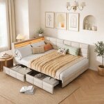 Lit adulte lit de repos 140x200cm avec 2 tiroir de rangement canap� lit rembourr� avec led et prise usb ...