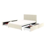Lit tiroirs tte de lit capitonne ? couchage 140x190 cm ? velours beige - sommier inclus - ellie