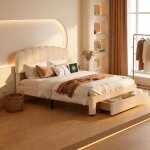 Lit adulte en tissu teddy avec tiroirs t�te r�glable usb & type - c structure m�tal lit coffre fonctionnel ...