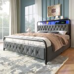 Lit adulte - velours - 180x200cm - cadre de lit led - 4 tiroirs - mtal gris