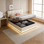 Lit adulte en velours avec coffre hydraulique led r�glable t�te de lit ondul�e cadre m�tal et lattes ...