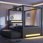 Lit � baldaquin adulte 140x200 cm lit enfant lit double en lin avec led lit gigogne 3 tiroirs et sommier ...