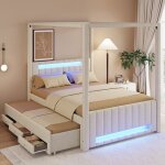 Lit � baldaquin capitonn� beige avec lit gigogne led et 3 tiroirs