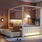Lit � baldaquin enfant 140x200 cm lit double en lin avec led lit gigogne 3 tiroirs de rangement et sommier ...