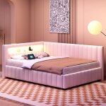 Lit banquette 140x200 cm lit double avec led � couleurs changeantes rev�tement rembourr� beige (sans ...