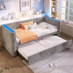 Lit banquette 90 / 180�200 cm avec lit gigogne 2 places �clairage led sommier � lattes sans matelas velours ...