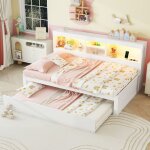 Lit banquette 90 � 200 cm lit gigogne avec �tag�res ouvertes led prises usb panneau de particules blanc ...