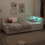 Lit banquette 90�200 cm lit gigogne avec usb et type c led multicolore lin et mdf beige sans matelas