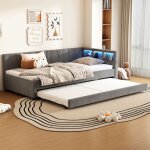 Lit banquette 90�200 cmavec lit gigogne led 90�190 cm avec rangementusb + type clin sans matelas gris ...