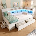 Lit banquette 90x190 cm blanc avec led rangement tiroirs usb type - c sommier inclus