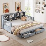 Lit banquette 90x190 cm extensible 180x190 cm avec prise et rangements 2 tiroirs sommier � lattes bois ...