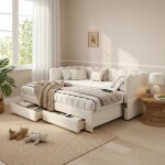 Lit banquette 90x190 cm avec lit gigogne sommier � lattes port usb et 2 tiroirs en lin beige (sans matelas) ...