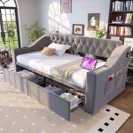 Lit banquette 90x190 en velours gris clair avec accoudoirs larges usb + type - c rangements int�gr�s ...