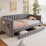 Lit banquette 90x190 en velours gris � motif capitonn� carr� poches lat�rales doubles 2 tiroirs de rangement ...