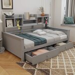 Lit banquette 90x200 en bois massif gris avec 2 tiroirs �tag�res lat�rales et sommier � lattes couchage ...