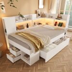 Lit banquette - merax - 90x200 cm - bois blanc - led multicolore & usb type - c - rangements & tiroirs ...