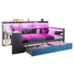 Lit banquette 90x200 cm avec bureau �tag�res tiroirs led et prises usb structure bois noir et bleu