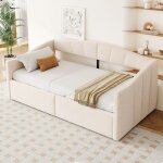 Lit banquette 90x200 cm - lit convertible avec rangement hydraulique tissu velours beige sommier inclus ...
