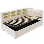 Lit banquette 90x200 cm avec rangement hydraulique et t�te de lit rembourr�e tissu velours beige (sans ...