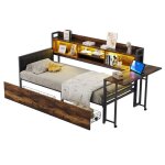 Lit banquette 90x200 cm - avec rangement et led int�gr�e - m�tal et bois blanc / holzfarbe sans matelas ...