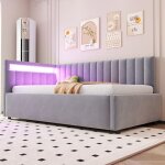 Lit banquette 90x200 cm lit simple avec led rangement hydraulique tissu rembourr� velours gris (sans ...