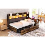 Lit banquette ado 90x200 cm avec bureau pliable et rangementlit simple m�tal avec led et prise multifonctionte ...