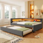 Lit banquette adulte 140x200 cm avec lit gigogne 90�190 cm led usb type - c sommiers � lattes cadre de ...