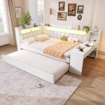 Lit banquette adulte 140x200 avec led usb bureau int�gr� et lit gigogne 90x190 bois et tissu blanc