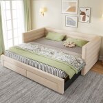 Lit banquette convertible 3 - en - 1 en tissu beige avec tiroirs 90x190 cm