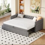 Lit banquette convertible en velours gris avec capitonnage sommier � lattes