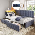 Lit banquette enfant 90�200 cm led usb + type c avec 2 tiroirs sommier tapissier lit simple sans matelas ...