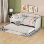 Lit banquette enfant 90x200 / 190 cm avec lit gigogne lit rembourr� tissu lin sans matelas beige gris ...