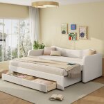Lit banquette extensible - merax - 90x200 / 180x200 - tissu boucl� beige - 2 tiroirs - ports usb / type ...
