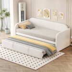 Lit banquette gigogne 2 places 90 / 180�190 cm sommier � lattes rembourr� lin sans matelas beige