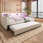 Lit banquette gigogne 90x190 / 200 cm led int�gr�es et port usb sans matelas lin beige