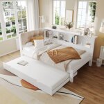 Lit banquette gigogne 90x190 / 200 cm avec led t�te de lit capitonn�e 3 �tag�res sans matelas pin blanc ...