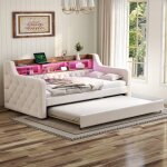 Lit banquette gigogne 90x190 cm led + interface usb - c sommier � lattes rembourr�es sans matelas velours ...